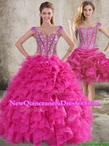 Classical Ruffled and Beaded Bodice Detachable Quinceanera Skirt in Hot Pink