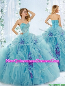 Sweet Beaded Aque Blue Detachable Quinceanera Dresses in Organza