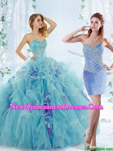 Unique Aque Blue Detachable Quinceanera Gowns with Beading and Ruffles