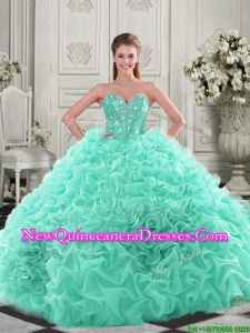 Unique Visible Boning Organza Apple Green Quinceanera Dress with Chapel Train