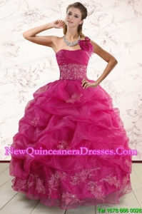 2015 One Shoulder Appliques and Pick Ups Quinceanera Dresses in Fuchsia