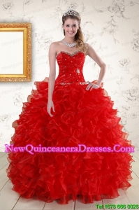 2015 Pretty Ball Gown Sweetheart Red Quinceanera Dresses with Beading