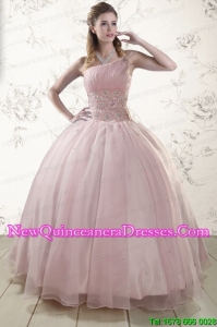 Elegant One Shoulder Beading Light Pink Quinceanera Dresses for 2015