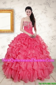 2015 Beautiful Hot Pink Strapless Quinceanera Dresses with Beading and Ruffles
