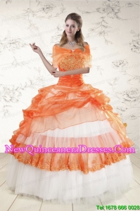 2015 Beautiful Strapless Orange Quinceanera Dresses with Beading and Appliques
