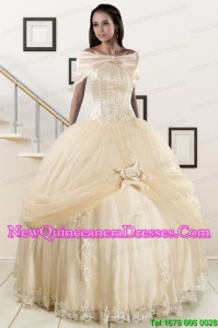 New Style Appliques 2015 Champagne Quinceanera Dress with Wraps