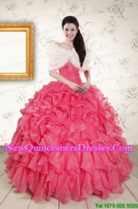 New Style Beading and Ruffles 2015 Hot Pink Quinceanera Dresses with Strapless