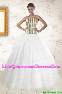 2015 Beautiful Tulle Strapless Sequins White Quinceanera Dresses