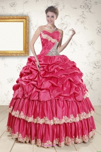 2015 Beautiful Appliques Sweet 15 Dresses in Coral Red