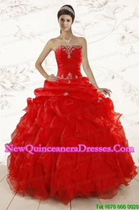 2015 Cheap Red Ball Gown Strapless Sweet 15 Dresses with Beading and Ruffles