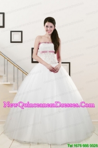 2015 Cheap Strapless Appliques and Belt Quinceanera Dresses in White