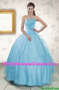 Cheap Strapless Beading 2015 Affordable Quinceanera Dress in Baby Blue