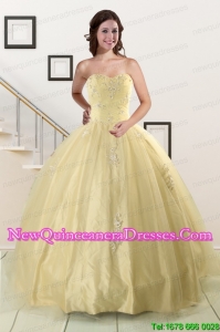 Cheap Appliques Quinceanera Dress in Light Yellow For 2015