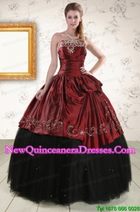 Cheap Ball Gown Embroidery 2015 Quinceanera Dresses in Rust Red and Black