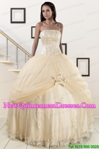 Cheap Custom Made Appliques and Hand Made Flower Champagne Quinceanera Dresses