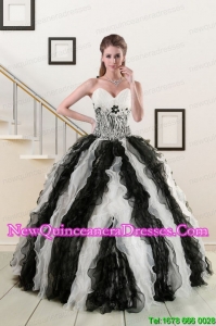 2015 Custom Made Black and White Quinceanera Dresses with Zebra and Ruffles