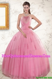 2015 Custom Made Pink Quinceaneras Dresses with Appliques and Beading