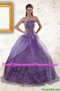 2015 Custom Made Purple Strapless Appliques Quinceanera Dresses
