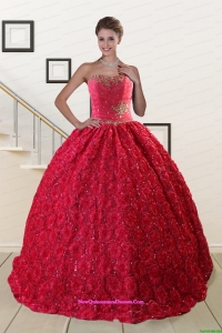 Custom Made Rolling Flower Beading 2015 Quinceanera Dresses in Coral Red