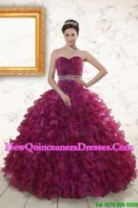 Discount Burgundy Quinceanera Gown with Beading and Ruffles