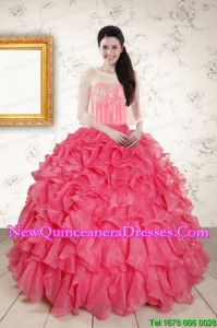 Strapless Beading and Ruffles 2015 Discount Quinceanera Dresses in Hot Pink