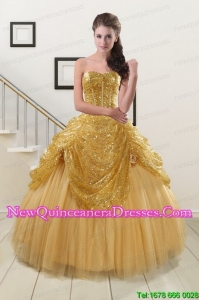 2015 Top Seller Sweetheart Sequined Quinceanera Dresses in Gold