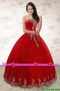 Discount Red Strapless 2015 Quinceanera Dresses with Appliques