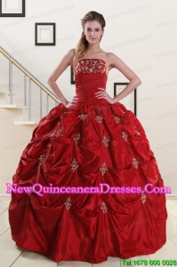 Top Seller Strapless Wine Red Appliques Quinceanera Dresses for 2015