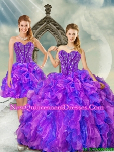 Detachable Blue and Lavender Dresses for Quince with Beading and Ruffles