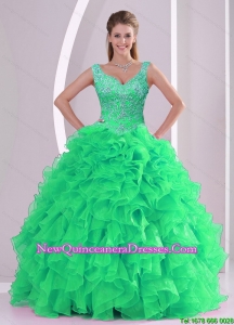 2015 Unique Spring Green quinceanera dress skirts with Beading and Ruffles
