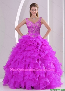Fashionable and Detachable Fuchsia Quince Dresses with Beading and Ruffles