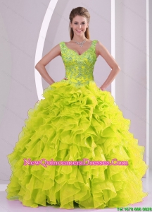 Trendy and Detachable Beading and Ruffles Yellow Green Quince Dresses for 2015