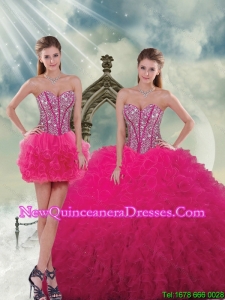 Unique and Detachable Beading and Ruffles Dresses For Quince in Hot Pink