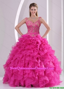 New Style and Detachable Hot Pink Quince Dresses with Beading and Ruffles for 2015