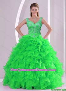 Wonderful and Detachable Beading and Ruffles Spring Green Quinceanera Dresses
