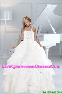 Appliques and Ruffles White delicate Little Girl Pageant Dress with Spaghetti Straps