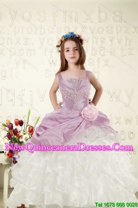 Cheap White and Lavender Little Girl Dress with Appliques and Ruffled Layers