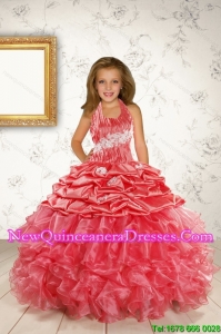 Exquisite Appliques and Ruffles Coral Red Flower Girl Dress for 2015 Spring