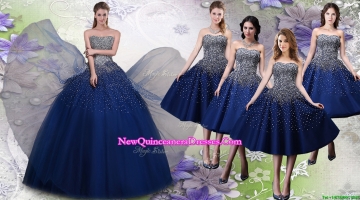 Most Popular Beaded Big Puffy Quinceanera Dress and Elegant Tea Length Navy Blue Dama Dresses