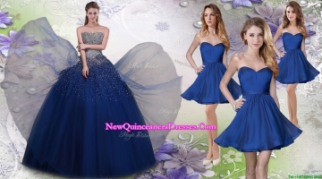 Pretty Navy Blue Really Puffy Quinceanera Dress and Fashionable Short Dama Dresses