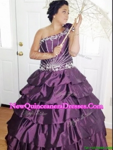 Cheap One Shoulder Dark Purple Quinceanera Dress with Appliques and Pick Ups