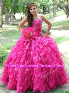 Brand New Really Puffy Hot Pink Quinceanera Dress with Appliques and Ruffled Layers