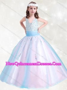 2016 Beautiful V Neck Rainbow Little Girl Pageant Dress with Beading