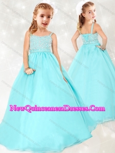 2016 Gorgeous Beaded Straps Little Girl Pageant Dress in Aqua Blue
