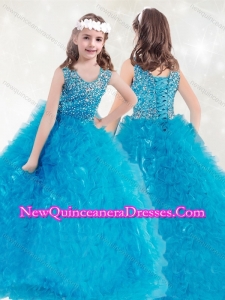 Cute Scoop Teal Little Girl Pageant Dress with Beading and Ruffles
