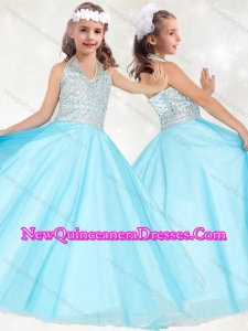 Cute Beaded Baby Blue Little Girl Pageant Dress with Halter Top