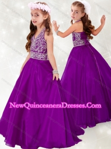 Cute Halter Top A Line Purple Little Girl Pageant Dress with Beading