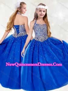 Cute Halter Top Beading Little Girl Pageant Dress in Royal Blue