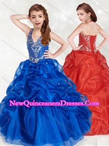 Cute Halter Top Blue Little Girl Pageant Dress with Beading and Pick Ups