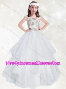 Cute Scoop White Little Girl Pageant Dress with Beading and Ruffled Layers
